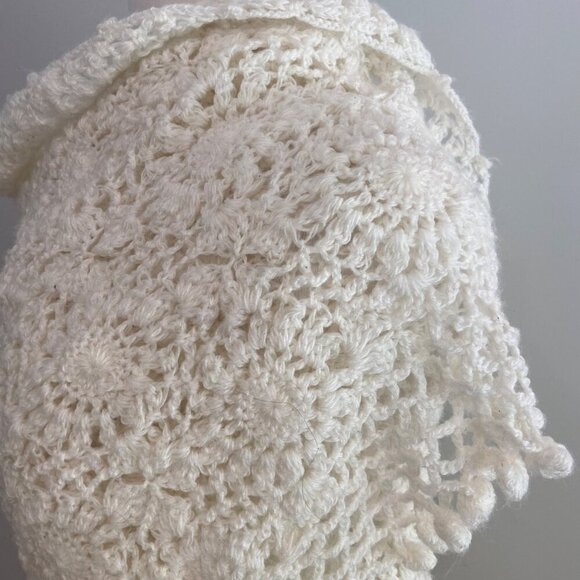 Handmade White Crochet knit Ruana Shawl Wrap With Floral Patterns & Pom-Pom Edge - Picture 3 of 9